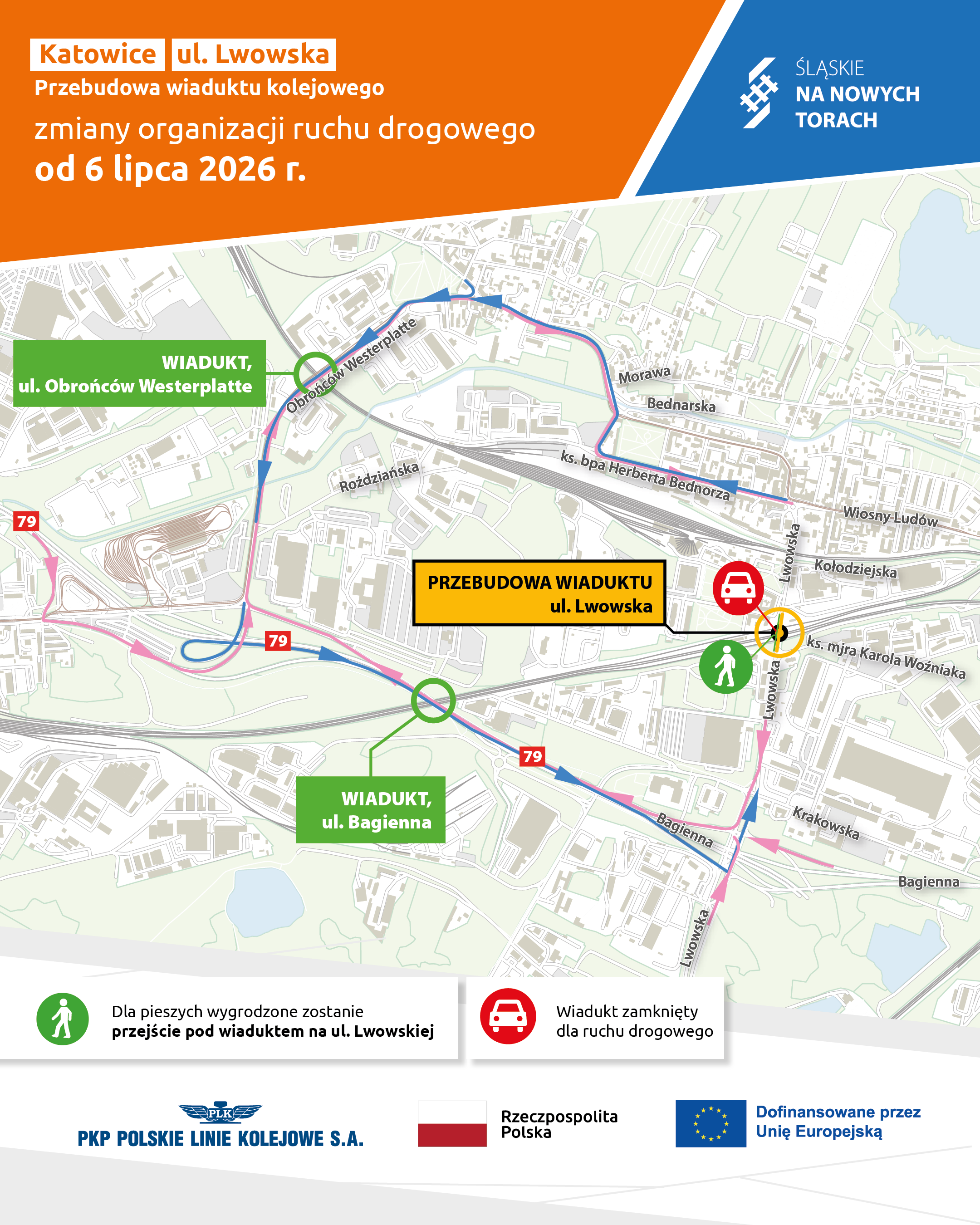 Infografika prezentująca zmiany organizacji ruchu drogowego w związku z zamknięciem przejazdu pod wiaduktem na ul. Lwowskiej w Katowicach